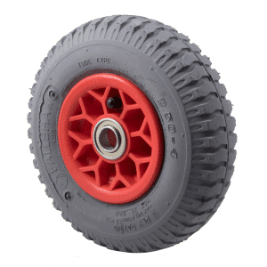 Pneumatic grey non-marking rubber tyre, 250x4 wheel, plastic centered rim, 20mm plain bearing, 100 kg load rating