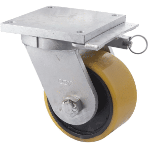 A Series castor, 200mm polyurethane (PU) wheel, 3000 kg load rating, heavy duty, swivel plate, direction lock