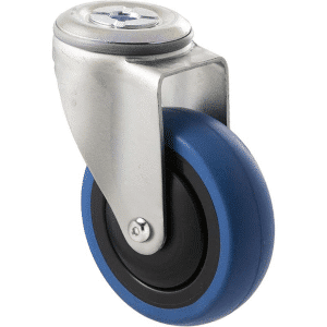 M Series castor, 100mm blue rubber wheel, thread guard, swivel bolt hole, precision ball bearing, Chicago screw axle, grey seal & pedal, 100 kg load rating