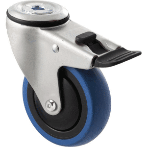 M Series castor, 100mm blue rubber wheel, thread guard, swivel bolt hole & total brake, black seal & pedal, Chicago screw axle, 100 kg load rating