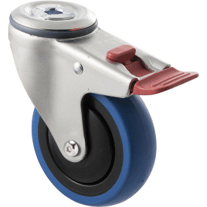 M Series castor, 100mm blue rubber wheel, thread guard, swivel bolt hole & total brake, black seal, Chicago screw axle, 100 kg load rating