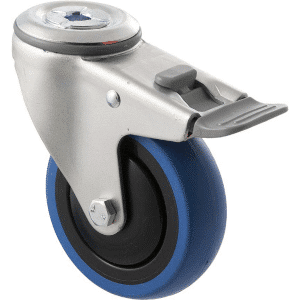 M Series castor, 100mm blue rubber wheel, thread guard, swivel bolt hole & total brake, grey seal & pedal, 100 kg load rating