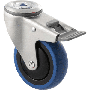 M Series castor, 100mm blue rubber wheel, thread guard, swivel bolt hole & total brake, Chicago screw axle, grey seal & pedal, 100 kg load rating