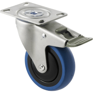 M Series castor, 100mm blue rubber wheel, thread guard, swivel plate, direction lock, Chicago screw axle, 100 kg load rating