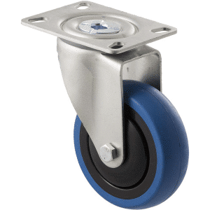 M Series castor, 100mm blue rubber wheel, thread guard, swivel plate, precision ball bearing, grey seal & pedal, 100 kg load rating