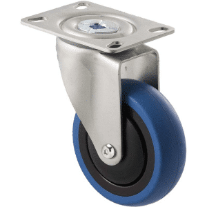 M Series castor, 100mm blue rubber wheel, thread guard, swivel plate, precision ball bearing, grey seal, Chicago screw axle, 100 kg load rating