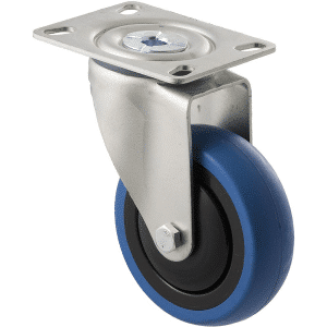 M Series castor, 100mm blue rubber wheel, thread guard, swivel North American (NA) plate, precision ball bearing, 100 kg load rating
