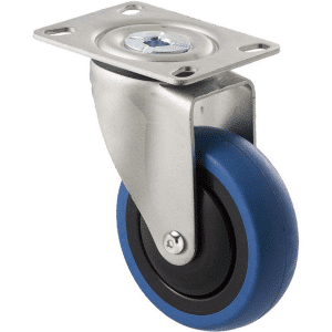 M Series castor, 100mm blue rubber wheel, thread guard, swivel North American (NA) plate, precision ball bearing, black seal & pedal, Chicago screw axle, 100 kg load rating