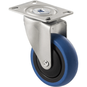 M Series castor, 100mm blue rubber wheel, thread guard, swivel North American (NA) plate, precision ball bearing, Chicago screw axle, grey seal, 100 kg load rating