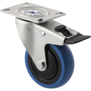 M Series castor, 100mm blue rubber wheel, thread guard, swivel North American (NA) plate & total brake, 100 kg load rating