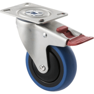 M Series castor, 100mm blue rubber wheel, thread guard, swivel North American (NA) plate & total brake, black seal, Chicago screw axle, 100 kg load rating