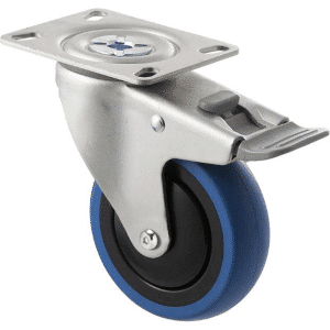 M Series castor, 100mm blue rubber wheel, thread guard, swivel North American (NA) plate & total brake, grey seal & pedal, Chicago screw axle, 100 kg load rating