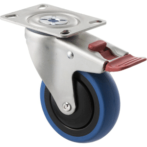 M Series castor, 100mm blue rubber wheel, thread guard, swivel plate & total brake, black seal, Chicago screw axle, 100 kg load rating