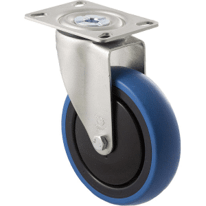 M Series castor, 125mm blue rubber wheel, thread guard, swivel plate, precision ball bearing, black seal, 100 kg load rating