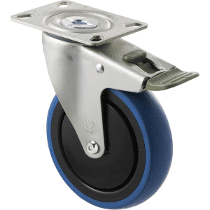 M Series castor, 125mm blue rubber wheel, thread guard, swivel plate, direction lock, Chicago screw axle, 100 kg load rating