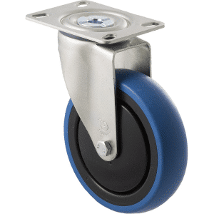 M Series castor, 125mm blue rubber wheel, thread guard, swivel North American (NA) plate, precision ball bearing, 100 kg load rating