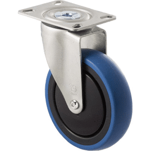 M Series castor, 125mm blue rubber wheel, thread guard, swivel North American (NA) plate, precision ball bearing, black seal, Chicago screw axle, 100 kg load rating