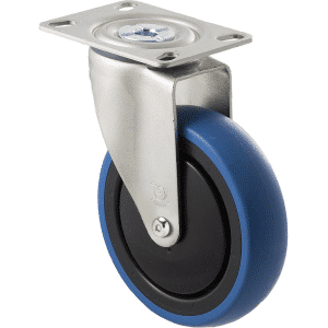 M Series castor, 125mm blue rubber wheel, thread guard, swivel North American (NA) plate, precision ball bearing, 100 kg load rating