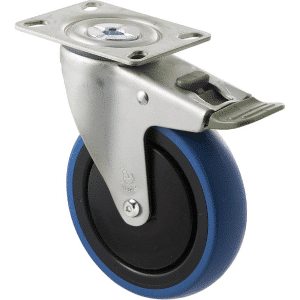 M Series castor, 125mm blue rubber wheel, thread guard, swivel North American (NA) plate, direction lock, Chicago screw axle, 100 kg load rating