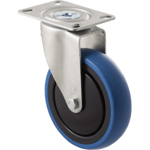 M Series castor, 125mm blue rubber wheel, thread guard, swivel North American (NA) plate, precision ball bearing, grey seal, 100 kg load rating