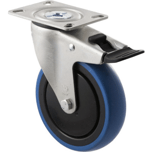 M Series castor, 125mm blue rubber wheel, thread guard, swivel North American (NA) plate & total brake, black seal & pedal, Chicago screw axle, 100 kg load rating