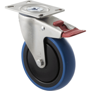 M Series castor, 125mm blue rubber wheel, thread guard, swivel North American (NA) plate & total brake, Chicago screw axle, 100 kg load rating