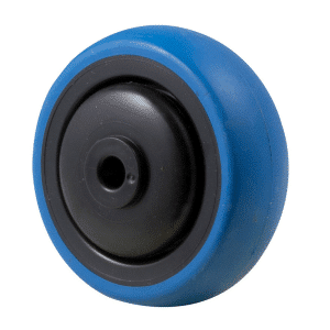 M Series, 75mm x 28mm x 33mm blue hi-res rubber wheel, precision bearing, thread guard, 85 kg load rating.