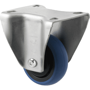 M Series castor, 75mm x 28mm blue rubber wheel, thread guard, fixed plate fork, precision ball bearing, Chicago screw axle, 85 kg load rating