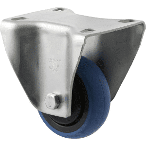 M Series castor, 75mm x 28mm blue rubber wheel, thread guard, fixed fork, North American (NA) plate, precision bearing, 85 kg load rating