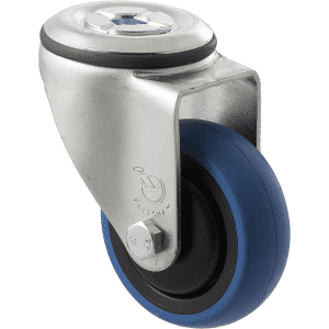 M Series castor, 75mm x 28mm blue rubber wheel, thread guard, swivel bolt hole, precision ball bearing, 85 kg load rating
