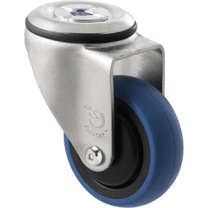 M Series castor, 75mm x 28mm blue rubber wheel, thread guard, swivel bolt hole, precision ball bearing, black seal, Chicago screw axle, 85 kg load rating