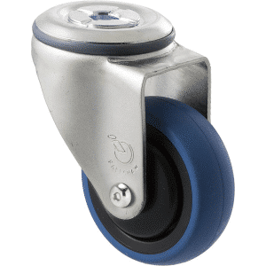 M Series castor, 75mm x 28mm blue rubber wheel, thread guard, swivel bolt hole, precision ball bearing, 85 kg load rating