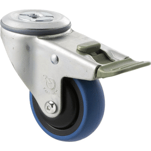 M Series castor, 75mm x 28mm blue rubber wheel, thread guard, swivel bolt hole fork, direction lock, Chicago screw axle, 85 kg load rating