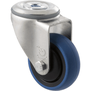 M Series castor, 75mm x 28mm blue rubber wheel, thread guard, swivel bolt hole fork, precision bearing, grey seal, 85 kg load rating
