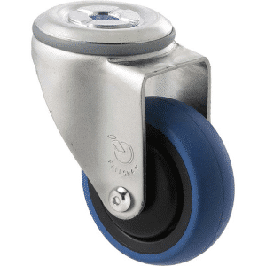 M Series castor, 75mm x 28mm blue rubber wheel, thread guard, swivel bolt hole fork, precision bearing, Chicago screw axle, grey seal, 85 kg load rating