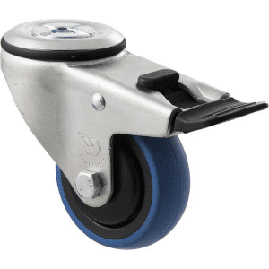 M Series castor, 75mm x 28mm blue rubber wheel, thread guard, swivel bolt hole fork & total brake, 85 kg load rating