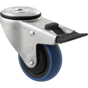 M Series castor, 75mm x 28mm blue rubber wheel, thread guard, swivel bolt hole fork & total brake, black seal & pedal, Chicago screw axle, 85 kg load rating