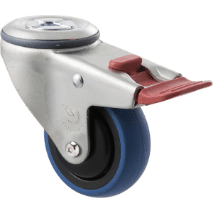 M Series castor, 75mm x 28mm blue rubber wheel, thread guard, swivel bolt hole fork & total brake, black seal, Chicago screw axle, 85 kg load rating