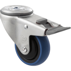 M Series castor, 75mm x 28mm blue rubber wheel, thread guard, swivel bolt hole fork & total brake, Chicago screw axle, grey seal & pedal, 85 kg load rating