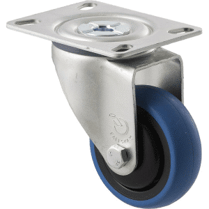 M Series castor, 75mm x 28mm blue rubber wheel, thread guard, swivel plate fork, precision ball bearing, 85 kg load rating
