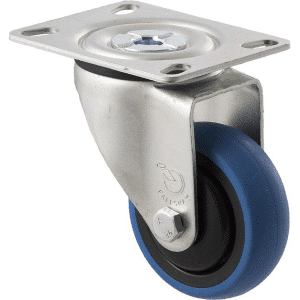M Series castor, 75mm x 28mm blue rubber wheel, thread guard, swivel plate fork, precision ball bearing, 85 kg load rating