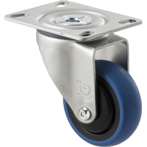 M Series castor, 75mm x 28mm blue rubber wheel, thread guard, swivel plate fork, precision ball bearing, Chicago screw axle, 85 kg load rating