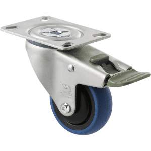 M Series castor, 75mm x 28mm blue rubber wheel, thread guard, swivel plate fork, direction lock, Chicago screw axle, 85 kg load rating