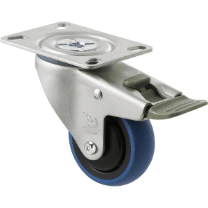 M Series castor, 75mm x 28mm blue rubber wheel, thread guard, swivel North American (NA) plate, direction lock, Chicago screw axle, 85 kg load rating