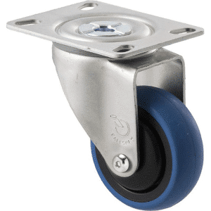 M Series castor, 75mm x 28mm blue rubber wheel, thread guard, swivel North American (NA) plate fork, Chicago screw axle, grey seal, 85 kg load rating