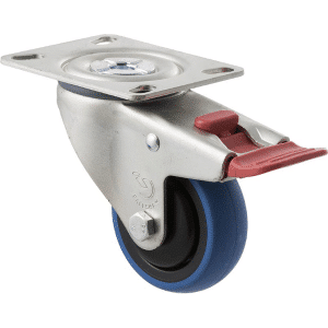 M Series castor, 75mm x 28mm blue rubber wheel, thread guard, swivel North American (NA) plate fork & total brake, 85 kg load rating