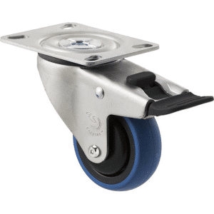 M Series castor, 75mm x 28mm blue rubber wheel, thread guard, swivel North American (NA) plate fork & total brake, black seal & pedal, Chicago screw axle, 85 kg load rating