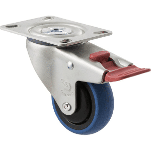 M Series castor, 75mm x 28mm blue rubber wheel, thread guard, swivel North American (NA) plate fork & total brake, Chicago screw axle, 85 kg load rating