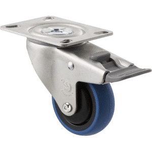 M Series castor, 75mm x 28mm blue rubber wheel, thread guard, swivel North American (NA) plate fork & total brake, Chicago screw axle, grey seal & pedal, 85 kg load rating