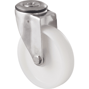 M Series stainless steel castor, 125mm x 32mm white nylon wheel, swivel bolt hole, hex bolt, 200 kg load rating